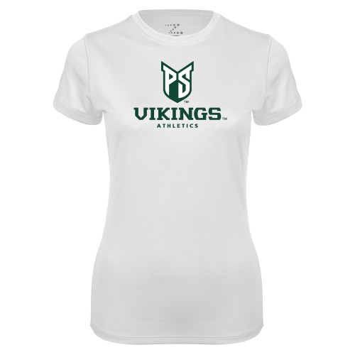  Womens White Performance Tee - PS Shield Stacked