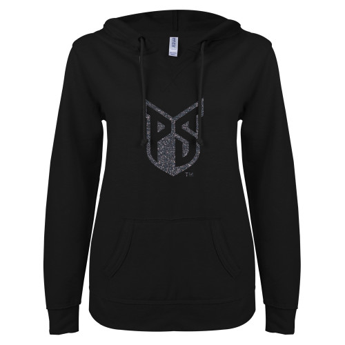  ENZA Womens Black V Notch Raw Edge Fleece Hoodie - Official Logo Graphite Glitter