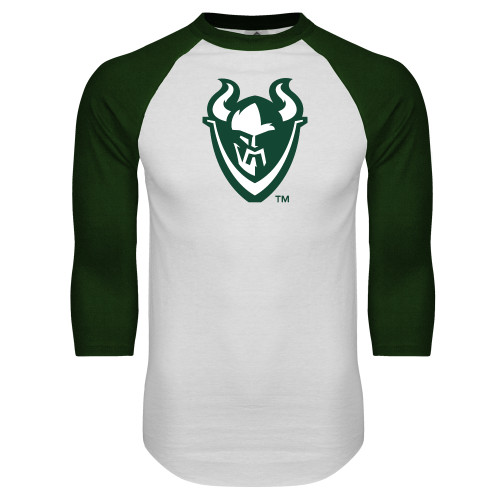 White/Dark Green Raglan Baseball T Shirt - Viking Head