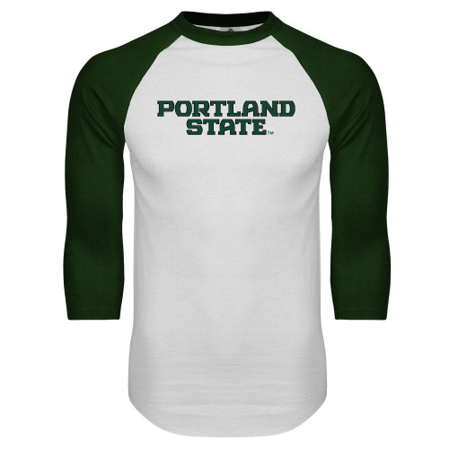  White/Dark Green Raglan Baseball T Shirt - Portland State