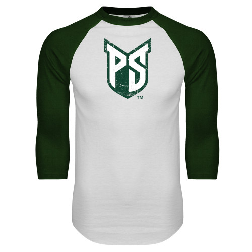  White/Dark Green Raglan Baseball T Shirt - Official Logo Distressed