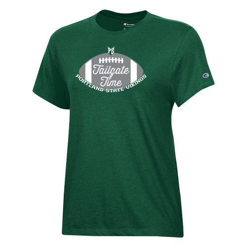  Champion Womens Dark Green Core Short Sleeve Tee - Portland State Tailgate Time