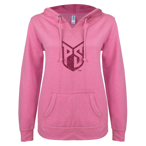  ENZA Womens Hot Pink V Notch Raw Edge Fleece Hoodie - Official Logo Hot Pink Glitter