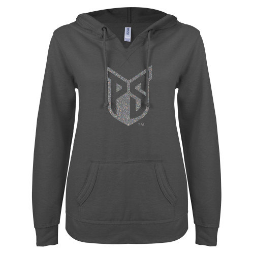  ENZA Womens Dark Heather V Notch Raw Edge Fleece Hoodie - Official Logo Silver Soft Glitter