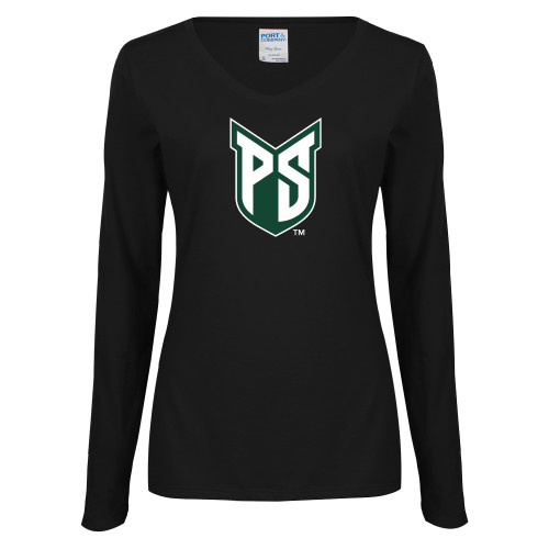  Womens Black Long Sleeve V Neck Tee  - Official Logo