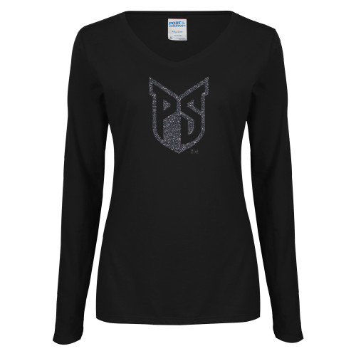  Womens Black Long Sleeve V Neck Tee  - Official Logo Graphite Glitter