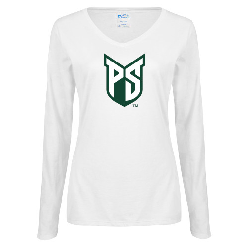  Womens White Long Sleeve V Neck Tee - Official Logo