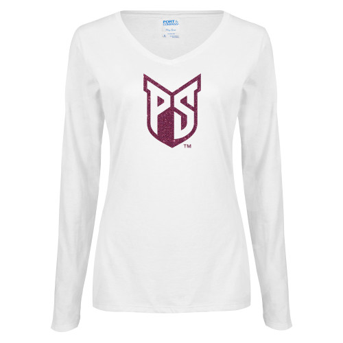  Womens White Long Sleeve V Neck Tee - Official Logo Pink Glitter