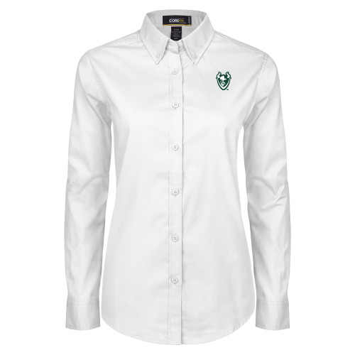  Womens White Twill Button Down Long Sleeve - Viking Head