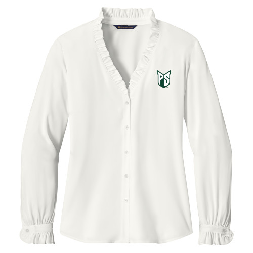  Brooks Brothers Womens Off White Long Sleeve Ruffle Collar Blouse - Official Logo