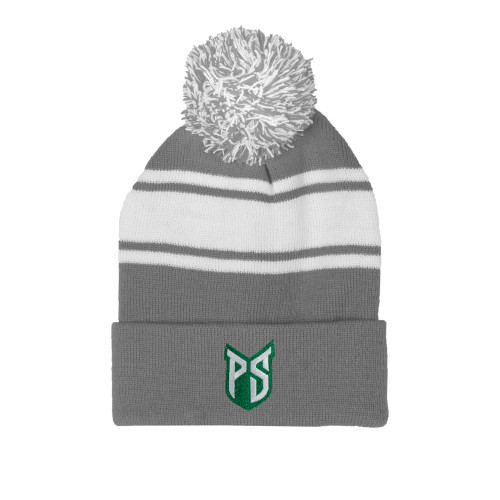  Grey/White Two Tone Knit Pom Beanie w/Cuff - Official Logo
