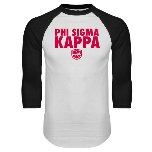  White/Black Raglan Baseball T Shirt - Stacked Phi Sigma Kappa