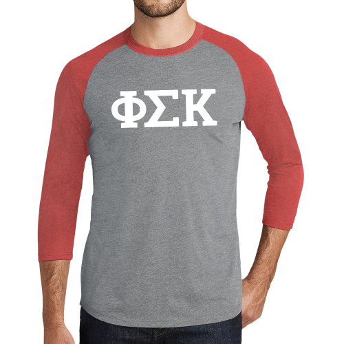 Grey/Red Heather Triblend Baseball Raglan Tee-Greek Letters