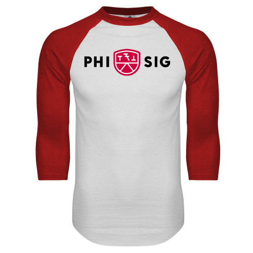 White/Red Raglan Baseball T Shirt-Phi Sig Wordmark