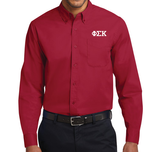 Twill Button Down Long Sleeve Cardinal-Greek Letters