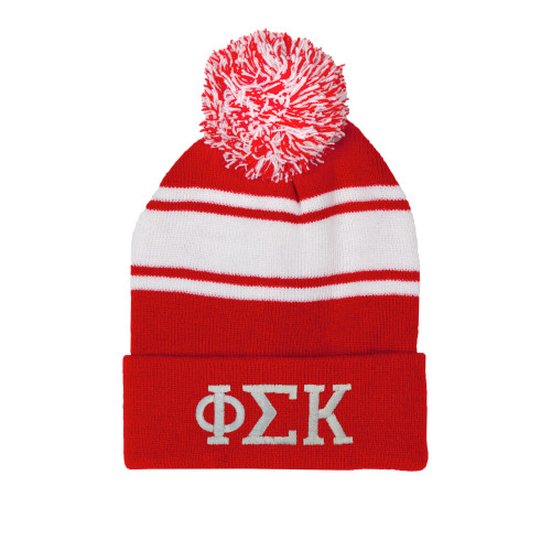 Red/White Two Tone Knit Pom Beanie w/Cuff-Greek Letters