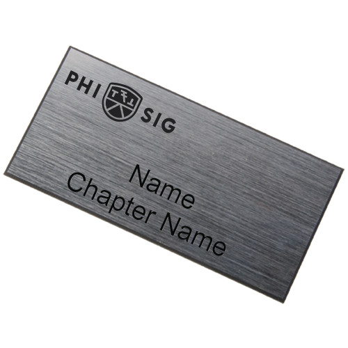  Brushed Silver w/ Black Name Badge - Phi Sig Wordmark  Engraved
