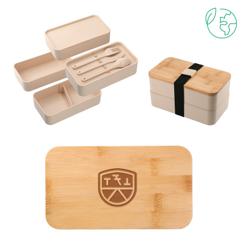 Stackable Bamboo Fiber Beige Bento Box-Primary Mark  Engraved