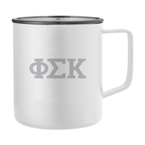 Rover Camp Vacuum Insulated White Mug 14oz-Greek Letters  Engraved