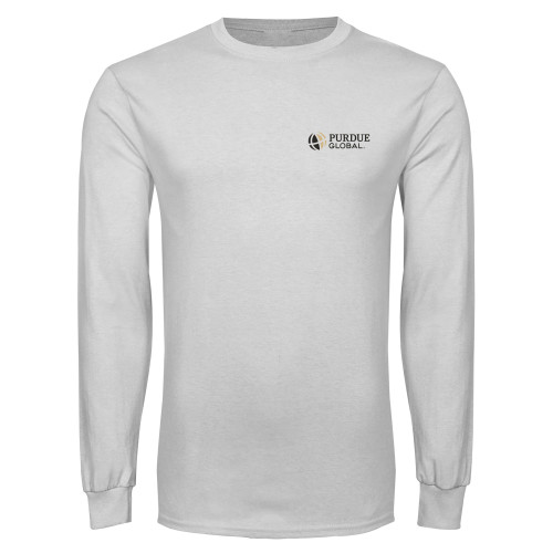  White Long Sleeve T Shirt - Purdue Global Primary Mark - Horizontal