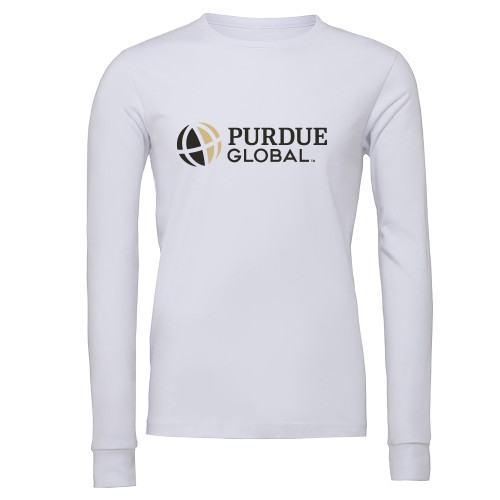  Bella + Canvas White Jersey Cotton Long Sleeve T Shirt - Purdue Global Primary Mark - Horizontal