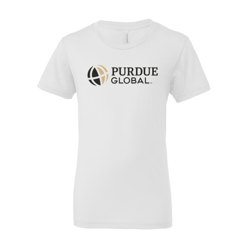  Bella + Canvas Youth White Jersey T Shirt - Purdue Global Primary Mark - Horizontal