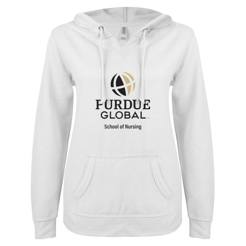  ENZA Womens White V Notch Raw Edge Fleece Hoodie - Purdue Global - School of Nursing Stacked