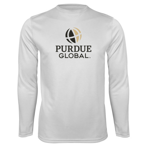  White Performance Long Sleeve Shirt - Purdue Global Primary Mark - Vertical