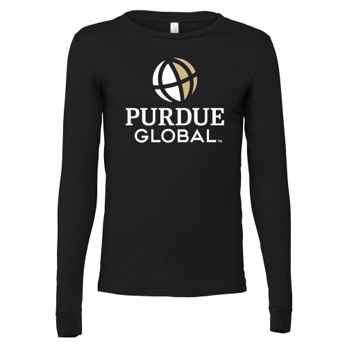 Bella + Canvas Black Jersey Cotton Long Sleeve T Shirt - Purdue Global Primary Mark - Vertical
