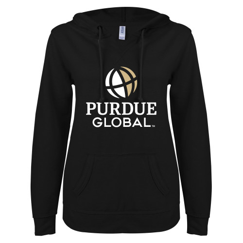  ENZA Womens Black V Notch Raw Edge Fleece Hoodie - Purdue Global Primary Mark - Vertical