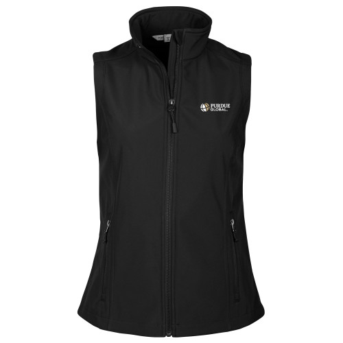  Womens Black Core Softshell Vest - Purdue Global Primary Mark - Horizontal
