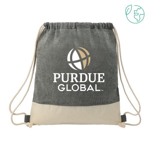  Split Recycled Cotton Natural/Black Drawstring Bag - Purdue Global Primary Mark - Vertical