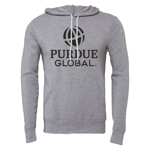  Bella + Canvas Heather Grey Fleece Hood - Purdue Global Primary Mark - Vertical