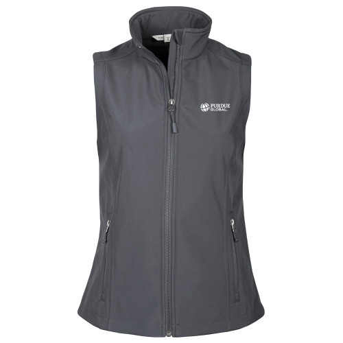  Womens Charcoal Core Softshell Vest - Purdue Global Primary Mark - Horizontal