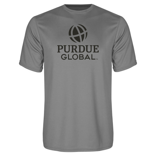  Grey Concrete Performance Tee - Purdue Global Primary Mark - Vertical