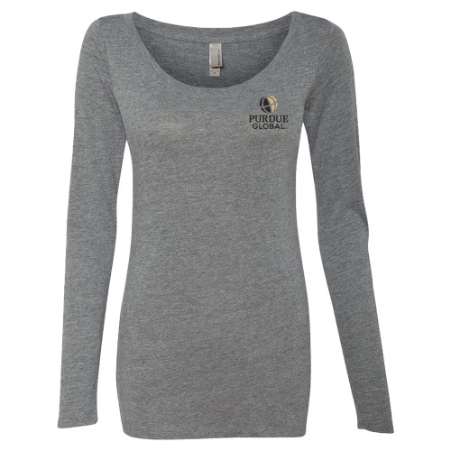 Next Level Womens Heather Grey Triblend Long Sleeve Scoop Tee - Purdue Global Primary Mark - Vertical