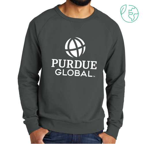  Allmade Dark Grey Organic French Terry Crewneck Sweatshirt - Purdue Global Primary Mark - Vertical