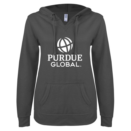  ENZA Womens Dark Heather V Notch Raw Edge Fleece Hoodie - Purdue Global Primary Mark - Vertical