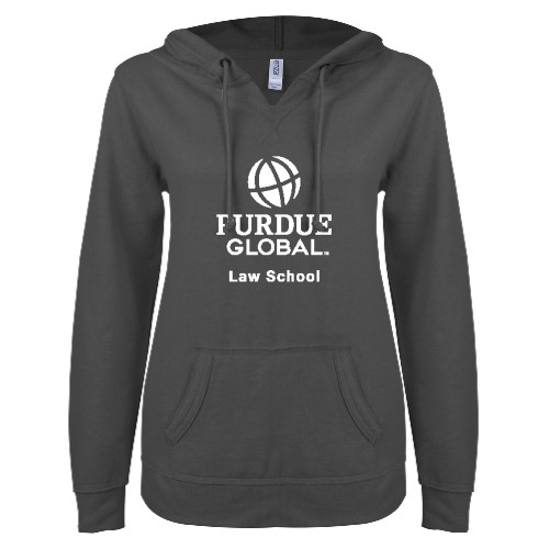  ENZA Womens Dark Heather V Notch Raw Edge Fleece Hoodie - Purdue Global - Law School