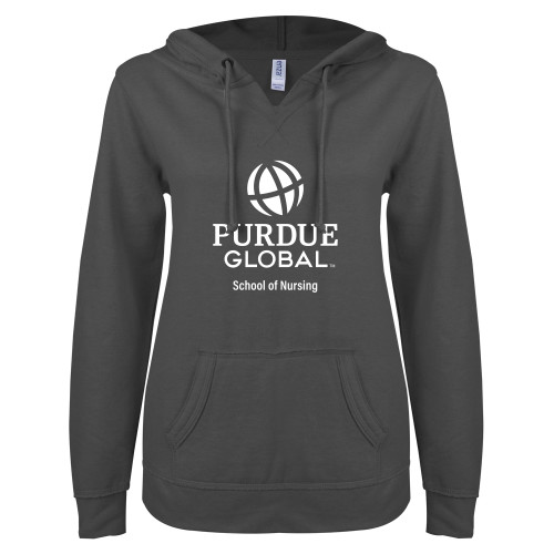  ENZA Womens Dark Heather V Notch Raw Edge Fleece Hoodie - Purdue Global - School of Nursing Stacked