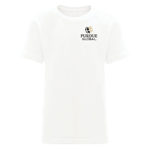  Next Level Youth White Cotton Tee - Purdue Global Primary Mark - Vertical