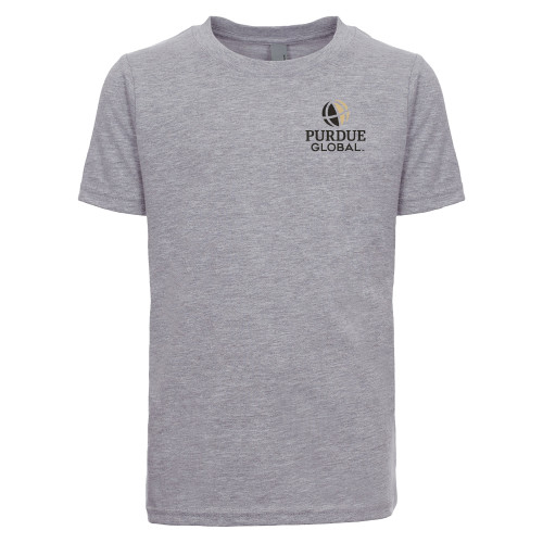  Next Level Youth Heather Grey Cotton Tee - Purdue Global Primary Mark - Vertical