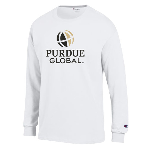  Champion White Long Sleeve T Shirt - Purdue Global Primary Mark - Vertical