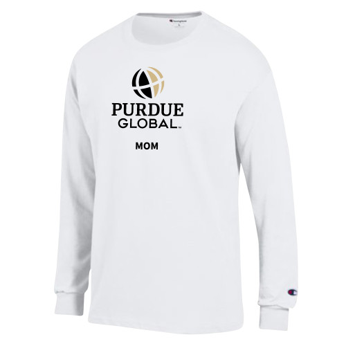  Champion White Long Sleeve T Shirt - Purdue Global Mom - Vertical
