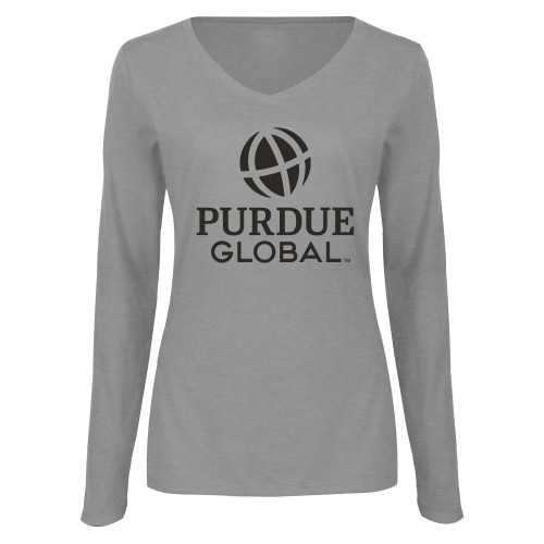  Womens Grey Long Sleeve V Neck Tee  - Purdue Global Primary Mark - Vertical
