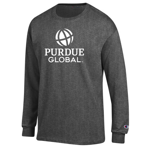  Champion Granite Heather Long Sleeve T Shirt - Purdue Global Primary Mark - Vertical