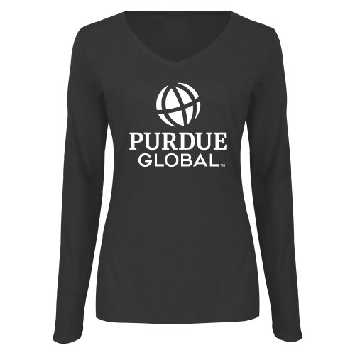  Womens Dark Heather Long Sleeve V Neck Tee  - Purdue Global Primary Mark - Vertical