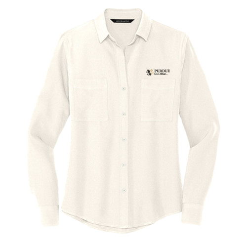  Mercer + Mettle Womens Ivory Crepe Long Sleeve Camp Blouse - Purdue Global Primary Mark - Horizontal