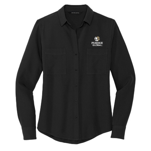  Mercer + Mettle Womens Black Crepe Long Sleeve Camp Blouse - Purdue Global Primary Mark - Vertical