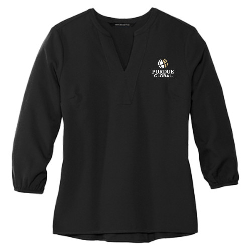  Mercer + Mettle Womens Black 3/4 Sleeve Crepe Blouse - Purdue Global Primary Mark - Vertical